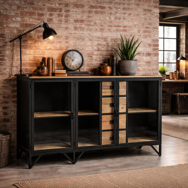 Sideboard Metall Glas BARBAR schwarz Industrial